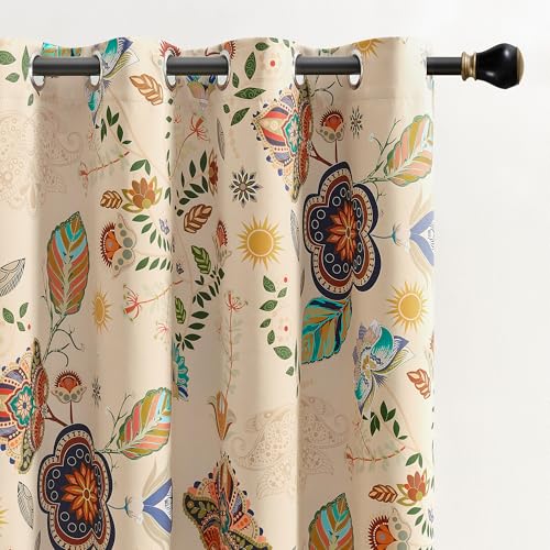 Image of XiDi Floral Patterned Curtains 90 Inch Length 2 Panels Light Beige Curtains | 100% Blackout Vintage Boho Flower Paisley Print Curtains Room Darkening Grommet Window Drapes for Living Room Bedroom 52Wx90L