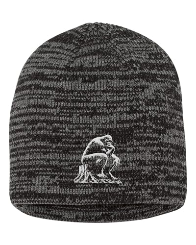 One Size Black/Dark Grey Marled Bigfoot The Thinker On A Tree Stump Embroidered Knit Beanie Cap