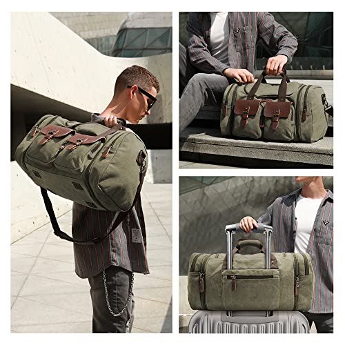 Image of Wildroad 50L Travel Duffel Bag, Expandable Canvas Genuine Leather Duffle Bag Upgraded Overnight Weekender Carry on Bag