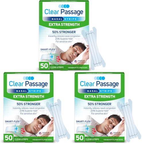 Image of Clear Passage Nasal Strips, Clear Extra Strength, 50 Count | Works to Help Relieve Snoring, & Nasal Congestion Due to Colds & Allergies (Pack of 3)