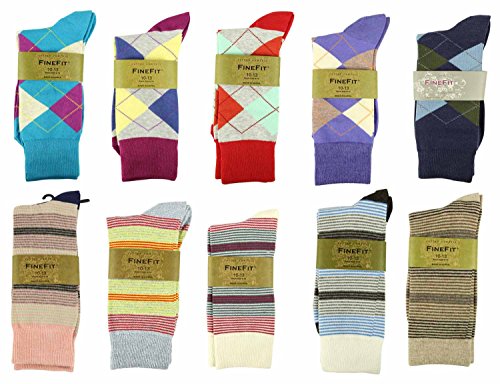 Fine Fit Mens Designer Dress Socks Argyle & Striped Size 10-13 (10 Pairs)