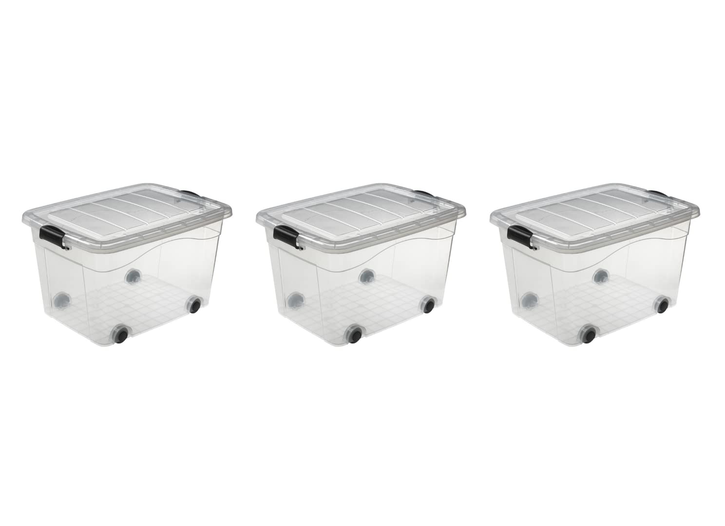 Logiplast 3 Stück Aufbewahrungsbox transparent 60 Liter mit Deckel und Klickverschluss 610 x 450 x 360 mm inkl. Rollen