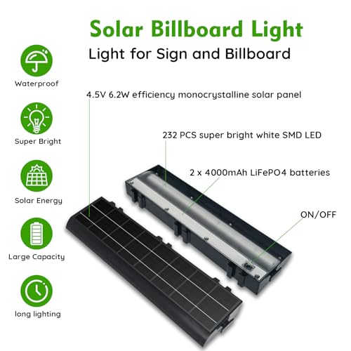 Image of Solar Sign Lights Outdoor with 232 LEDs Super Bright, IP65 Waterproof, 8000MAh Commercial Solar Billboard Light for Real Estate Signs, Business, Advertisement, High Way Sign Lighting