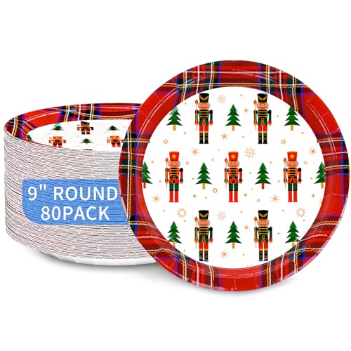 DYLIVeS Christmas Paper Plates, 80 Count Xmas Decorative Party Plates Tartan Plaid with Nutcrackers Christmas Tree Disposable Dinner Plates 9 inch Xmas Supplies for Birthday Cocktail Christmas Party