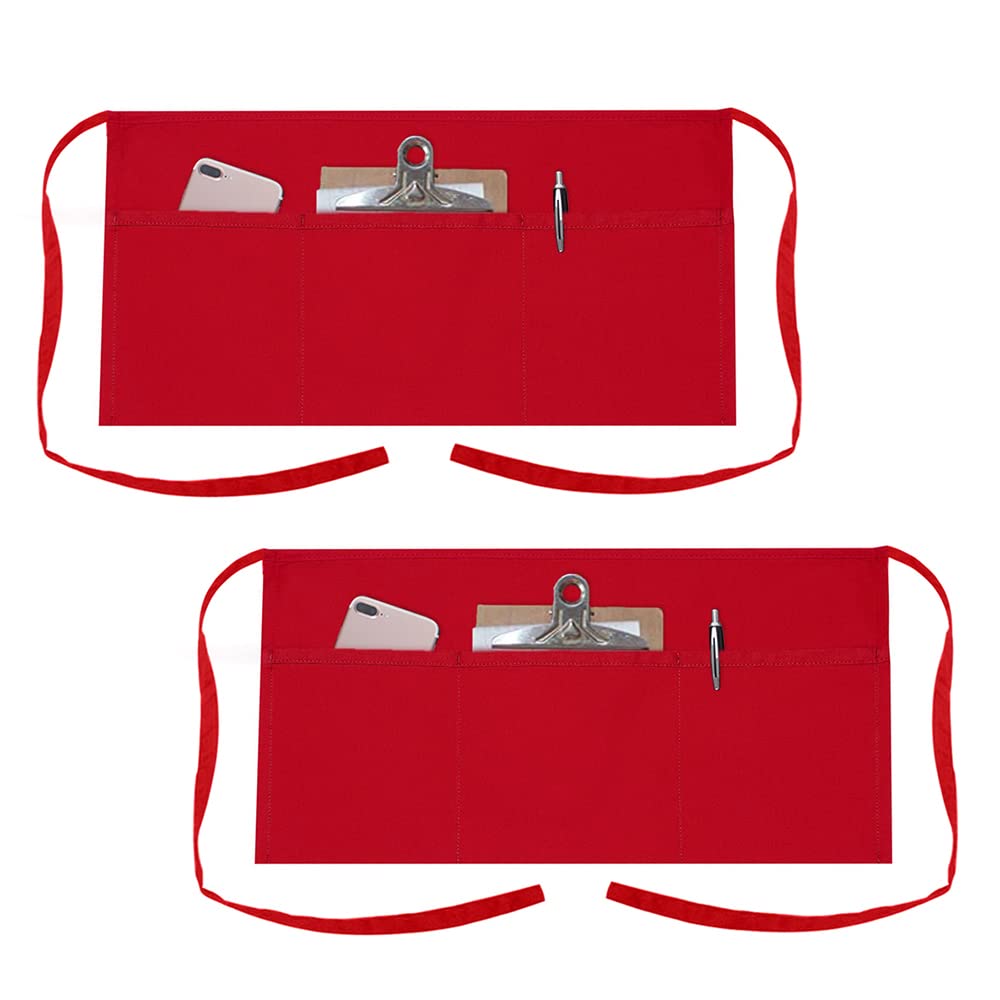 TOPTIE 2 Pack Waitress Waiter Server Bistro Waist Apron with 3 Pockets, Restaurant Kitchen Chef Half Aprons, 24" W x 12" H-Red