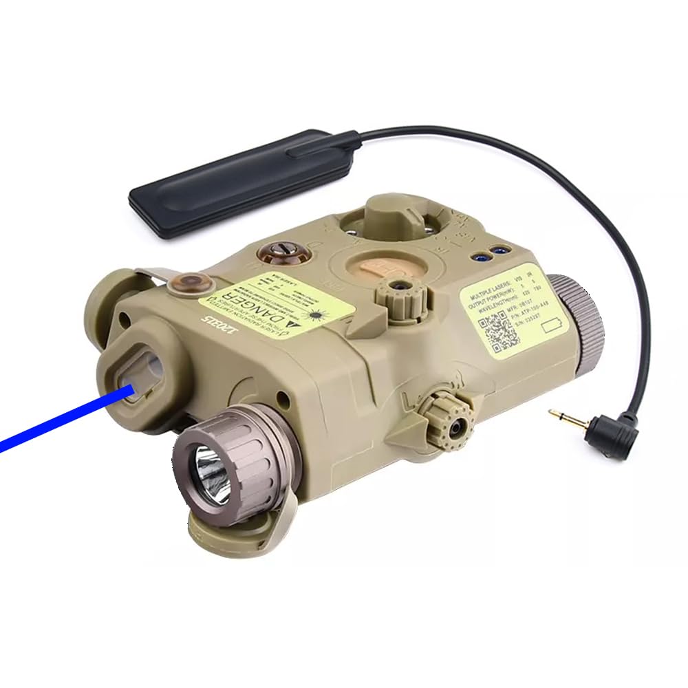 Nylon PEQ15 Box Aiming Laser Sight(with IR Laser + Blue Laser + 200 Lumens White LED Flashlight), with Modular Wire Control Pressure Switch, for 20mm Rail, Tan