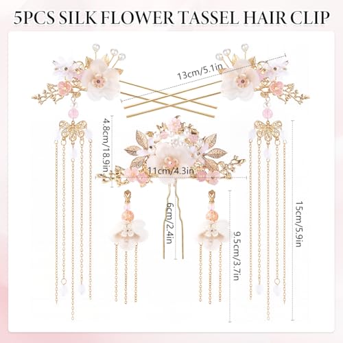 Image of MAYCREATE 5Pcs Flower Tassels Hair Pin Crystal Rhinestone Pearl Headpiece Drop Earrings Retro Brides Hair Accessories for Women Girls