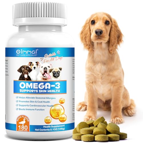 Integratore di Omega-3 per cani - 180 compresse masticabili con olio di pesce, EPA e DHA - Supporta pelle, pelo e articolazioni - Omega-3 per cani - Salute del cuore e del sistema immunitario