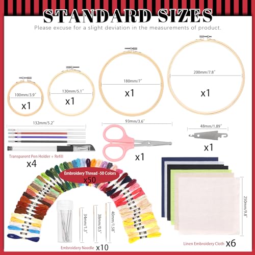 Image of Hilitchi 79Pcs Embroidery Kit Includes 9.8 inch x 9.8 inch Square Embroidery Fabric 4 Size Bamboo Circle Cross Stitch Ring 50 Color Embroidery Thread Pens Needle Needle Threader Scissors for DIY Craft