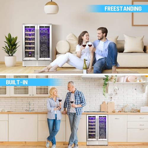 Image of Antarctic Star 24 Inch Dual Zone Wine and Beverage Refrigerator, Built-in or Freestanding Mini Fridge with Clear Glass Door & LED Light, for Beer, Soda, and Wine