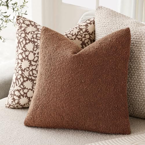 Image of Foindtower Set of 2, Decorative Textured Boucle Throw Pillow Covers Accent Solid Pillow Cases Neutral Soft Cozy Couch Cushion Case for Chair Sofa Bedroom Living Room Home Decor 24x24 Inch Red Taupe