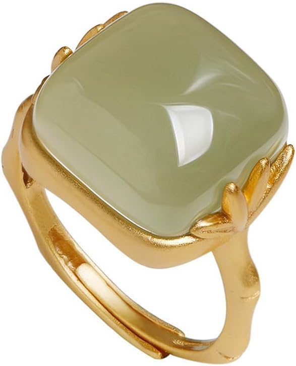 Vintage Green Bamboo Hetian Jade Statement Ring for Women Delicate Chinese Style Handmade Gemstone Adjustable Open Wrap Finger Band Fashion Cocktail Party Stacking Rings Elegant Wedding Jewelry
