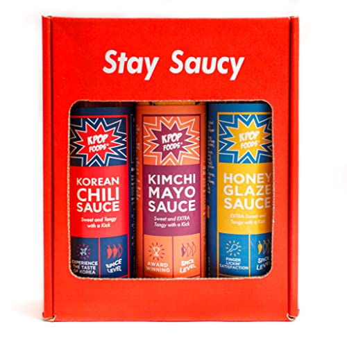 KPOP Foods Variety Sauce Set, Inspired by Korean Food & Flavors: Includes KPOP Gochujang Sauce, Kimchi Spicy Mayo, Honey Glaze Chili Garlic Sauce, Recipes, and Stay Saucy Custom Box.