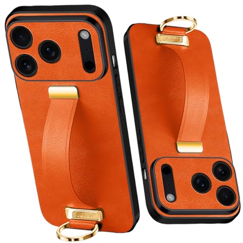 Coque pour iPhone 17 antichoc en cuir PU orange avec anneau de protection