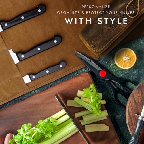 Image of ELIZO Personalized Premium Full Grain Leather Chef Knife Roll, 17L x 14W Inches Knife Storage Travel Case, Professional Custom Monogram Embossed Chef Knife Case - Holds 4 Chef Knives