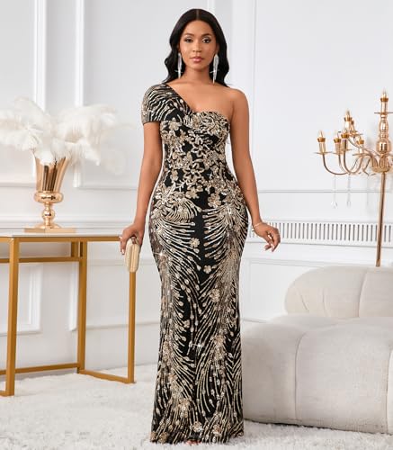Image of Cololura Women Sexy Sequin One Shoulder Mermaid Formal Party Cocktail Gowns Bodycon Evening Maxi Dress