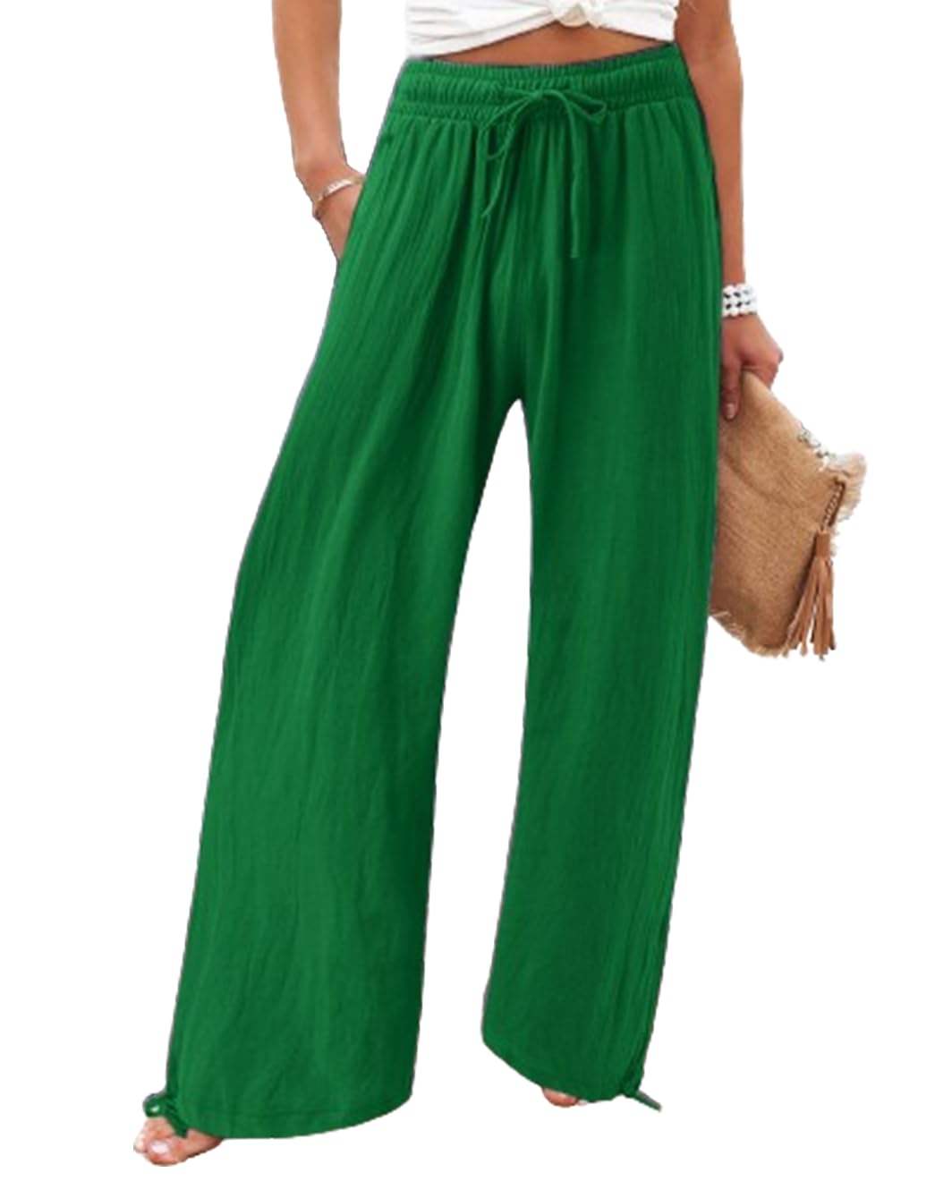 Womens Linen Wide Leg Pants Summer High Waisted Drawstring Palazzo Pants Casual Beach Pants Baggy Trousers