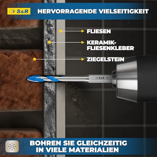 S&R Professional Keramikbohrer Set 5-tlg, Fliesenbohrer 4mm 5mm 6mm 8mm 10mm, für Feinsteinzeug, Keramik, Hartkeramik, Granit, Glas, Marmor, mit Sechskantschaft, Glasbohrer, Profi Fliesen Bohrer Set