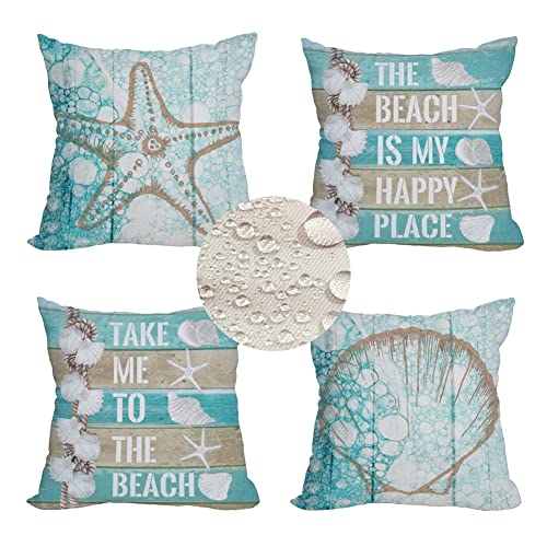 Easternproject Outdoor Waterproof Summer Beach Throw Pillow Covers Set of 4 18x18 Inch Ocean Sea Shell Starfish Marine Blue Pillow Cases Double Sided Cushion Cover for Patio Bench Balcony Chairs
