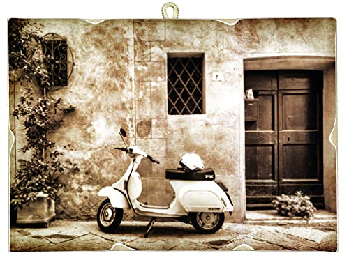 KUSTOM ART Tableau Décoration Murale Affiche Vintage Série Vespa PK Impression de Collection sur Bois 25 x 18 cm