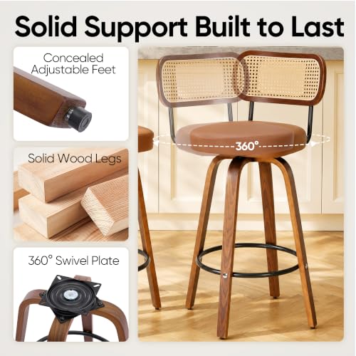 Image of KEEZY Natural Rattan Bar Stools Set of 2,Upholstered PU Leather, 30''Counter Height Barstools with Back and Wood Legs,360Swivel,Mid-Century Modern Bar Stool for Kitchen Island Dining Room and Bar