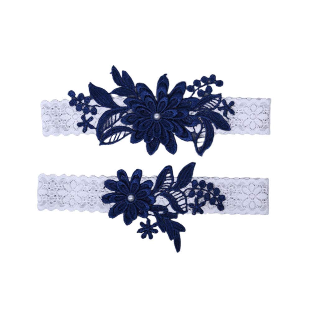 Cintura da donna 2 pezzi giarrettiera da sposa in pizzo floreale perla intarsiato elastico reggicalze ornamenti per le gambe per la cerimonia di matrimonio (Color : Navy Blue, Size : Size 1) (Navy B