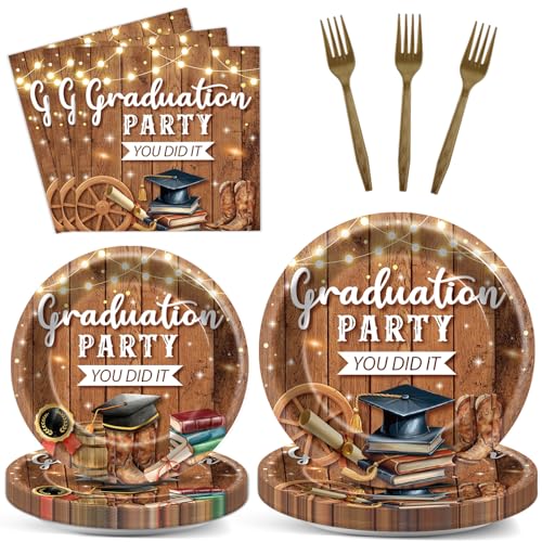 96pcs Graduation Party Plates and Napkins 2026, Western Cowboy Rodeo Style Graduate Dinnerware Set Rustic Grad Tableware Set Western Cowboy Graduation Themed Birthday Gatherings Decoration, Serves 24