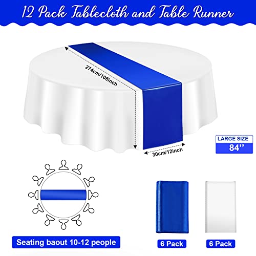 Image of 12 Pack 12x108 Inch Satin Table Runner and 84 Inch Round Plastic Tablecloths Set Royal Blue and White Disposable Table Cover for Graduation Wedding Bridal Shower Anniversary Birthday Party Decorations