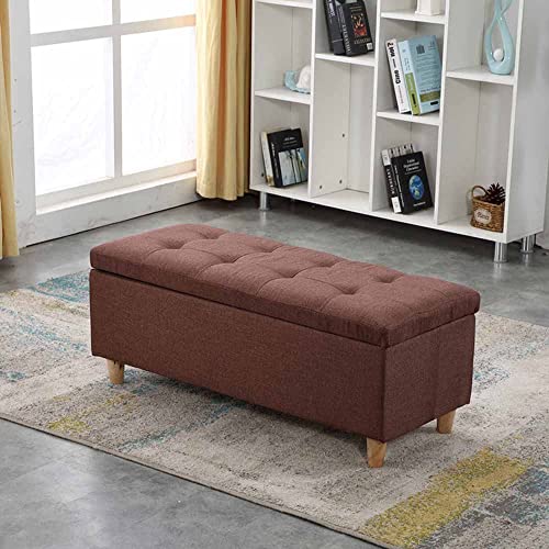 Pouf repose-pieds coffre banc de rangement lin marron bois