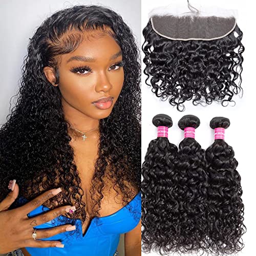 Water Wave Bundles with Frontal (14 16 18+14) 365g .Ear to Ear Lace Frontal with Bundles Brazilian Remy Virgin Wet and Wavy Bundles with Frontal Closure Natural Colo