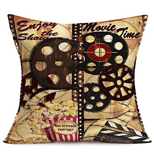 Tlovudori Home Decor Throw Pillow Covers Popcorn Movie Theme Cotton Linen Vintage Clapper Board Cinema Ticket Film Projector Cushion Case Cover For Sofa Bed Relaxation Gift 18"X18" (Clapper Board) #TOP4