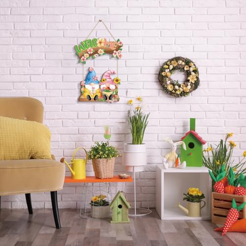Image of HPNIUB Spring Welcome Door Sign, Cute Gnome Hanging Sign for Home, Farmhouse Colorful Flowers Spring Wall Decor for Indoor outdoor Front Door Window Yard Wall Decorations