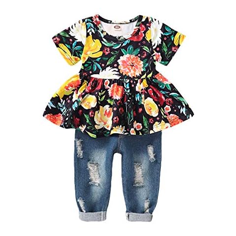 CARETOO Girls Clothes Outfits, Cute Baby Girl Floral Long Sleeve Pant Set Flower Ruffle Top - Black - 2/3 Years Cover
