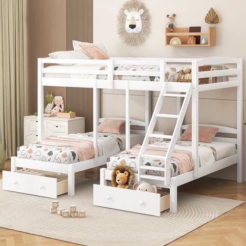 Image of VilroCaz Wood Bed Bunk Bed with 2 Storage Drawers for 3, Full Over Twin & Twin Bunk Bed Frame with Built-in Middle Drawer, Guardrail and Ladder for Kids Teens Adults, Maximized Space Design
