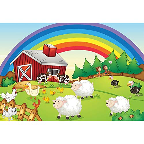 DORCEV 8x6ft Farm Barnyard Backdrop Rainbow Red Barn Photography Background Cartoon Style Farm Animals Birthday Party Banner Green Grass Fence Boy Girls Portrait Photo Booth Studio Props