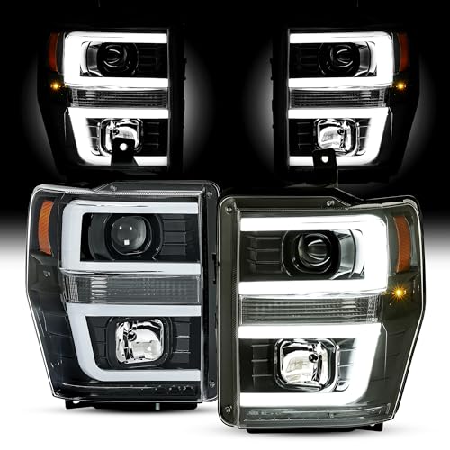 HECASA Pair Front Headlight Compatible with 2008-2010 Ford F250 F350 F450 F550 Super Duty LED Tube DRL Headlamps Headlights Assembly Clear Lens Black Housing (w/o Bulbs)