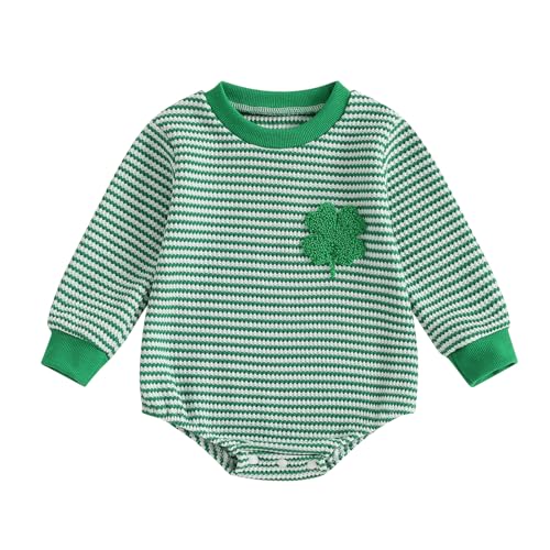 VISGOGO Baby Sweatshirt Romper Striped Heart/Clover Waffle St.Patrick Day Long Sleeve Irish Onesie Jumpsuits