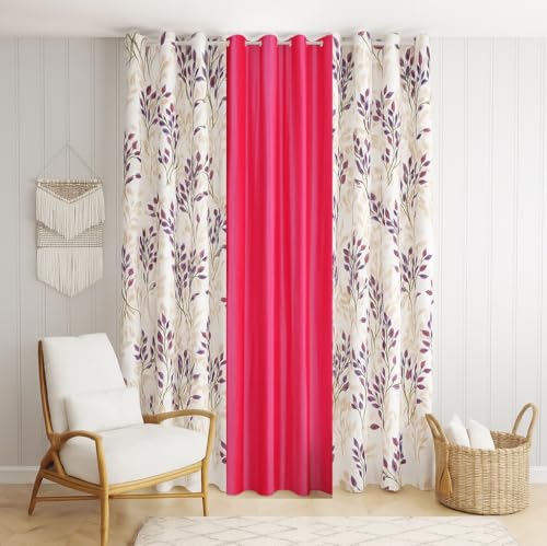 DEVSANG Polyester 2 Print and 1 Plain Curtains Set of 3, Purple&Pink&White 7 Feet
