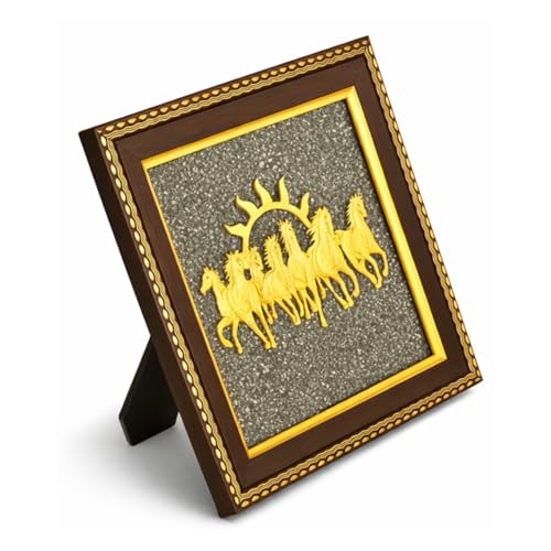Image of ZENVIBES Original Pyrite Stone Frame with Vastu 7 Seven Running Horses & Sun | Wooden Photo Frame Wall Decor for Money, Wealth, Success & Protection | Certificate of Authenticity | 7x7 Inch Wall & Desk Decor