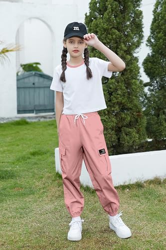 Image of Betusline Girls 2 Piece Summer Outfits,Kids Casual Short Sleeve Crop Top & Cargo Jogger Pants Sets,4T-14Y