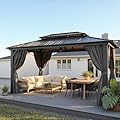 HOTEEL 10x15 Hardtop Gazebo On Clearance with Galvanized Steel Double Roof,Heavy Duty Gazebo with Flame-Retardant Curtain & Netting, Permanent Pavilion Outdoor for Patio, Frame Thickened, Black