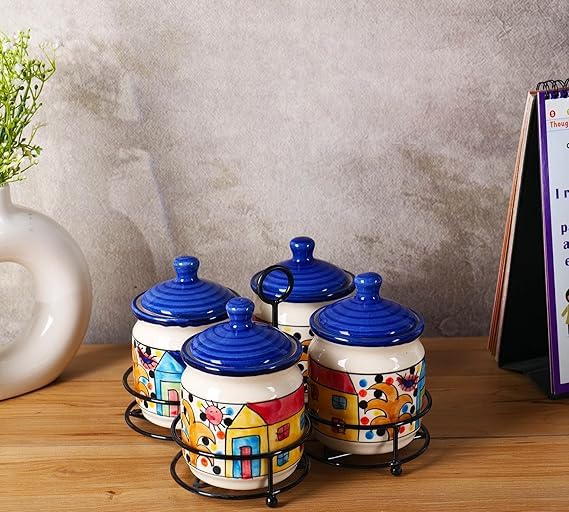 Image of Niyara Handcrafted Ceramic Pickle Jar Set, Premium Metal Tray, Spoons & Lids - Multipurpose Storage for Pickles, Chutneys, Spices & Condiments (Set of 4, 300ML /Each) (blue Home Design)