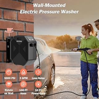 BAYOTAK Electric Pressure Washer, 5000 PSI 3.0 GPM Wall Mounted Power Washer, 100 FT Retractable Hose with Remote Control, Foam Cannon, Nozzles for Cars/Garage/Patio