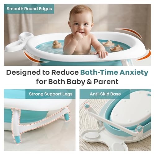 Image of R for Rabbit Bubble Double Finzy Baby Bath Tub Foldable for Kids 9 Months-3 Years | Womb Cocoon Bathtub Design | Anti-Skid Base | Quick Drain Plug | Space Saving Pool Bather with Tray (White Blue)