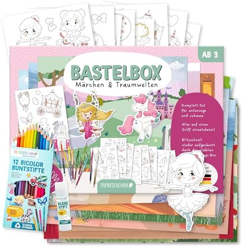 Papierdrachen Bastelbox Märchen & Traumwelten – Komplett-Set -inkl. Stanzbögen u. Hintergründen – 12 Bicolor-Farbstifte - Klebestift - Aufbewahrungsbox - kreatives Lernen