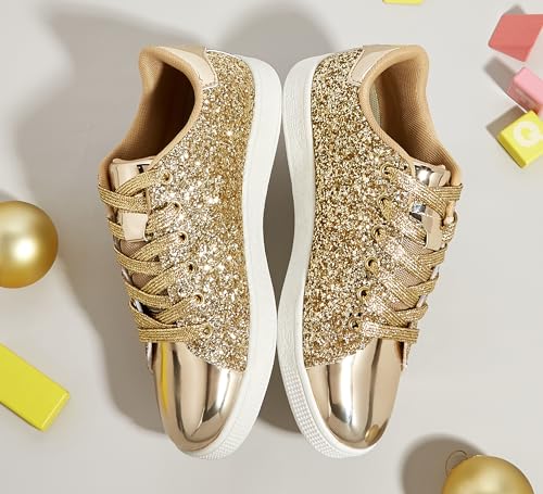 Image of LUCKY STEP Glitter Shoes Sparkly Bling Shiny Bedazzled Lace up Fashion Sneakers for Women