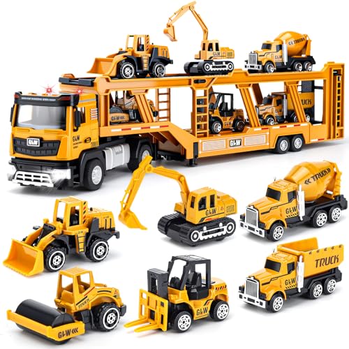 Kinderspielzeug für Jungen ab 3 Jahren: Spielzeug LKW mit Licht & Sound Baufahrzeug-Spielzeugset mit Bagger Bulldozer Kipper Fahrmischer Straßenwalze Gabelstapler Geschenk für Jungen 3-7 Jahre