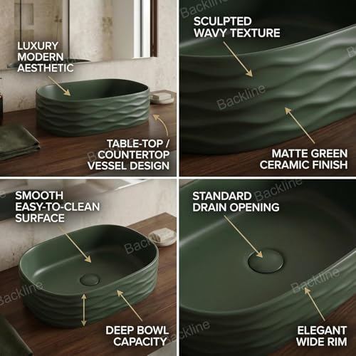 Image of Backline Matte Dark Green Countertop Wash Basin (50 x 31 x 15 cm) | Ceramic Bathroom Sink | Designer Table Top Basin | Scratch & Stain Resistant Easy to Clean | Modern Luxury Basin (3 Year Warranty)