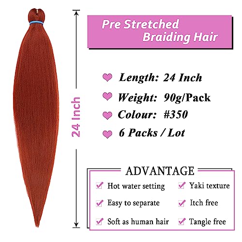 Samtress 24 Inch Pre Stretched EZ Braiding Hair 6 Packs Professional Kanekalon Soft Yaki Texture Synthetic Fiber Copper Red Hot Water Setting Crochet Braids Hair Extensions for Women (#350) - Image 2