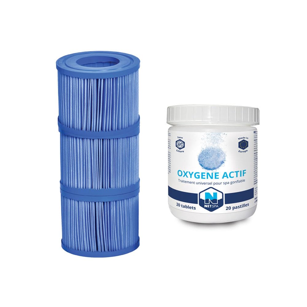 NetSpa Pack Entretien Spa, 3 Cartouches Filtrantes 10,5 x 8 cm + 20 Pastilles d'Oxygène Actif 20g